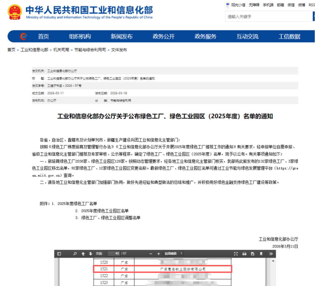 惠云鈦業(yè)入選2025綠色工廠80