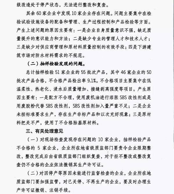 2017防水卷材專項督查結果：10家企業有問題！5批次產品不合格！
